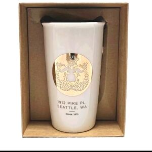 NIB, Starbucks, White porcelain tumbler w/ Gold Graphic Mermaid and Lid